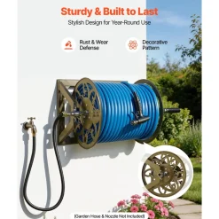 VEVOR Wall Mounted Garden Hose Reel, Holds 200 Feet of 5/8-inch Hose, Outdoor Heavy-Duty Waterhose Holder Winder, with Brass Connector, Decorative Pattern, Bronze Finish, for Backyards and Gardens
