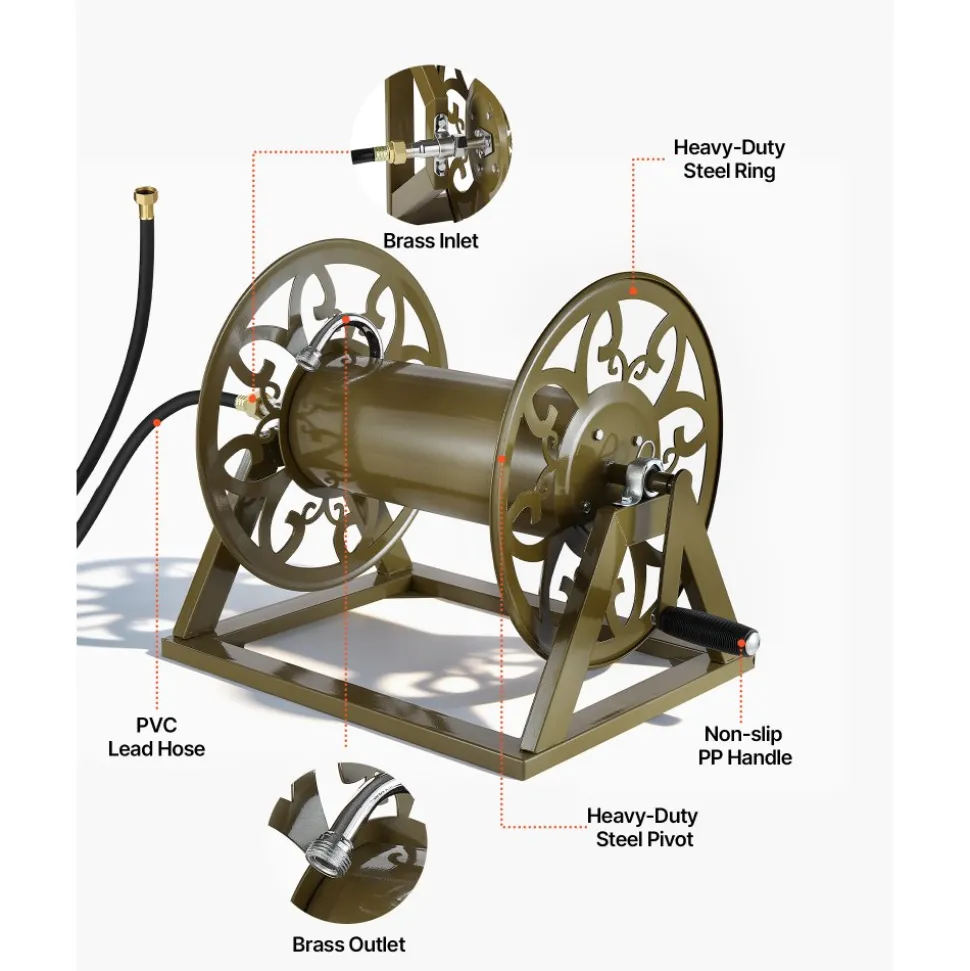 VEVOR Wall Mounted Garden Hose Reel, Holds 200 Feet of 5/8-inch Hose, Outdoor Heavy-Duty Waterhose Holder Winder, with Brass Connector, Decorative Pattern, Bronze Finish, for Backyards and Gardens