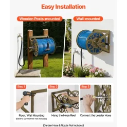 VEVOR Wall Mounted Garden Hose Reel, Holds 200 Feet of 5/8-inch Hose, Outdoor Heavy-Duty Waterhose Holder Winder, with Brass Connector, Decorative Pattern, Bronze Finish, for Backyards and Gardens