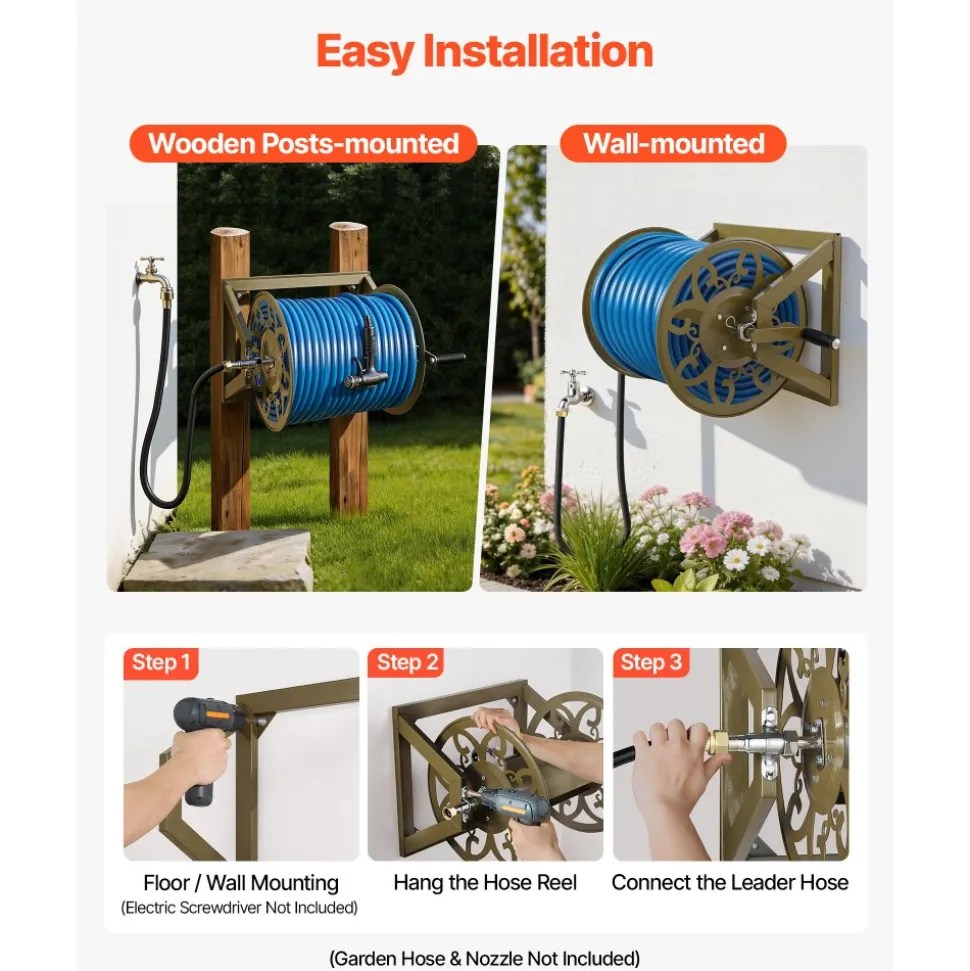 VEVOR Wall Mounted Garden Hose Reel, Holds 200 Feet of 5/8-inch Hose, Outdoor Heavy-Duty Waterhose Holder Winder, with Brass Connector, Decorative Pattern, Bronze Finish, for Backyards and Gardens