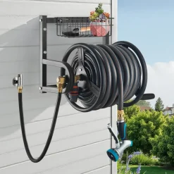 VEVOR Wall Mounted Garden Hose Reel, Holds 200 ft 5/8-inch Manual Water Hose Winder, Heavy-Duty Steel, Outdoor Reel with Brass Fitting & 5ft Leader Hose, Space Saving, for Yard Lawn Garage