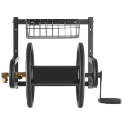 VEVOR Wall Mounted Garden Hose Reel, Holds 125 ft 5/8-inch Hose, Heavy-Duty Water Hose Winder, Space-Saving Design, Outdoor Manual Reel with Brass Fitting and Storage Basket for Yard Lawn
