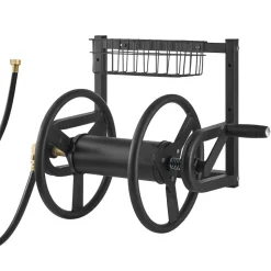 VEVOR Wall Mounted Garden Hose Reel, Holds 125 ft 5/8-inch Hose, Heavy-Duty Water Hose Winder, Space-Saving Design, Outdoor Manual Reel with Brass Fitting and Storage Basket for Yard Lawn