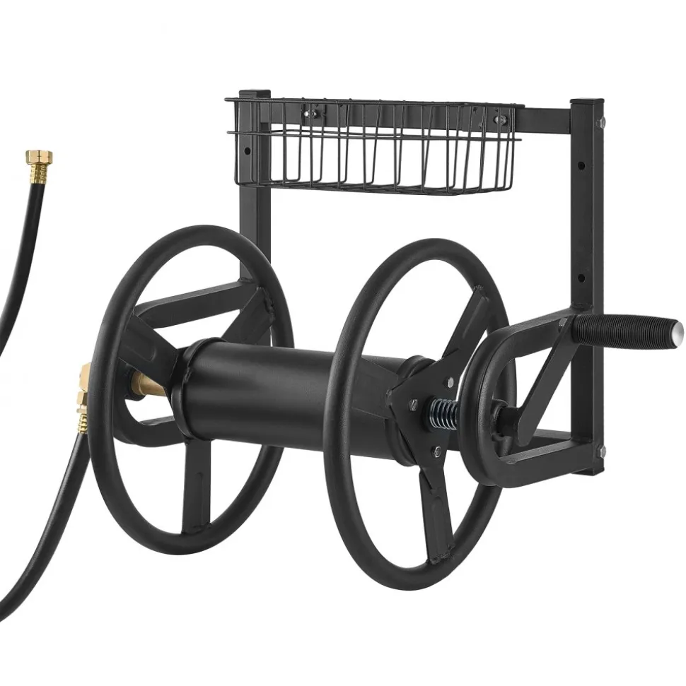 VEVOR Wall Mounted Garden Hose Reel, Holds 125 ft 5/8-inch Hose, Heavy-Duty Water Hose Winder, Space-Saving Design, Outdoor Manual Reel with Brass Fitting and Storage Basket for Yard Lawn