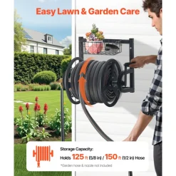 VEVOR Wall Mounted Garden Hose Reel, Holds 125 ft 5/8-inch Hose, Heavy-Duty Water Hose Winder, Space-Saving Design, Outdoor Manual Reel with Brass Fitting and Storage Basket for Yard Lawn