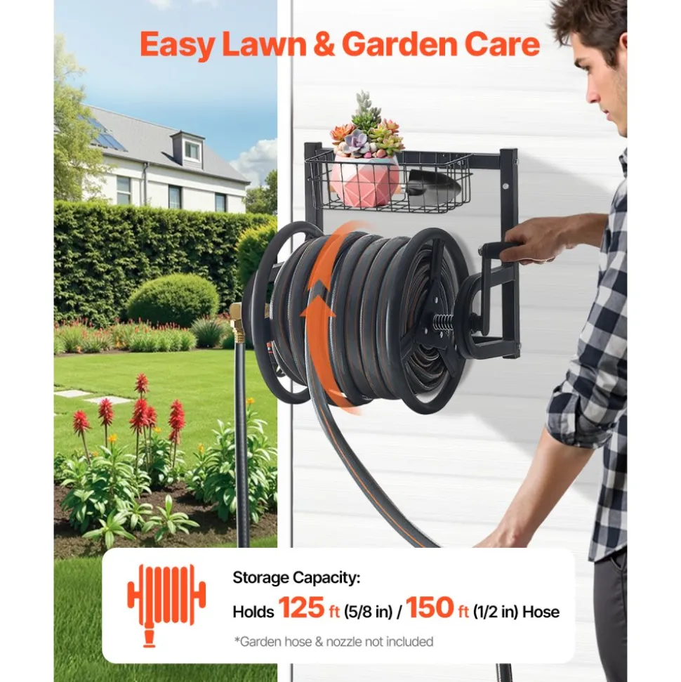 VEVOR Wall Mounted Garden Hose Reel, Holds 125 ft 5/8-inch Hose, Heavy-Duty Water Hose Winder, Space-Saving Design, Outdoor Manual Reel with Brass Fitting and Storage Basket for Yard Lawn