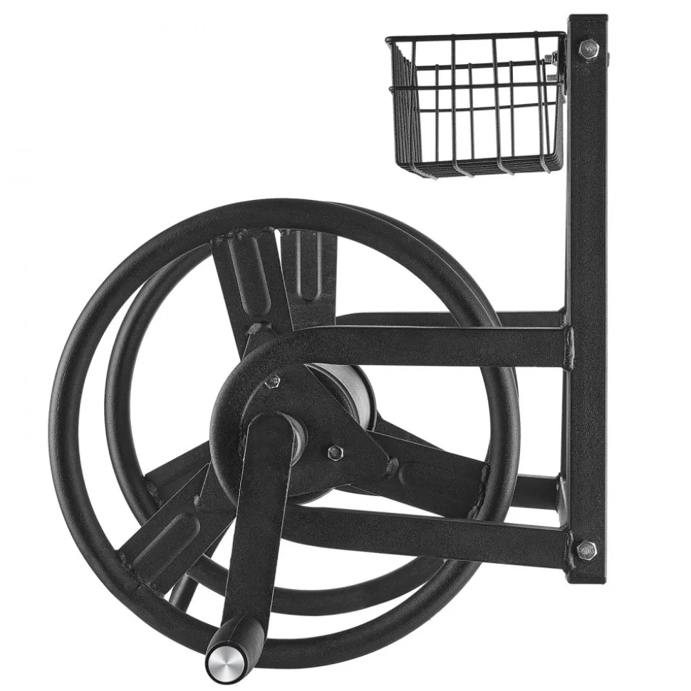 VEVOR Wall Mounted Garden Hose Reel, Holds 125 ft 5/8-inch Hose, Heavy-Duty Water Hose Winder, Space-Saving Design, Outdoor Manual Reel with Brass Fitting and Storage Basket for Yard Lawn
