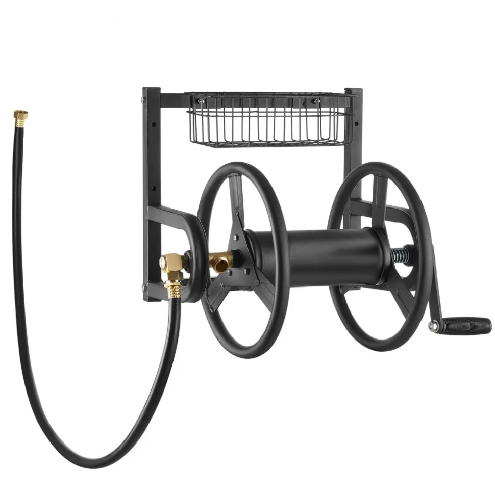 VEVOR Wall Mounted Garden Hose Reel, Holds 125 ft 5/8-inch Hose, Heavy-Duty Water Hose Winder, Space-Saving Design, Outdoor Manual Reel with Brass Fitting and Storage Basket for Yard Lawn