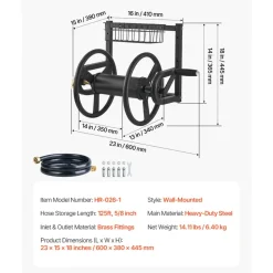 VEVOR Wall Mounted Garden Hose Reel, Holds 125 ft 5/8-inch Hose, Heavy-Duty Water Hose Winder, Space-Saving Design, Outdoor Manual Reel with Brass Fitting and Storage Basket for Yard Lawn
