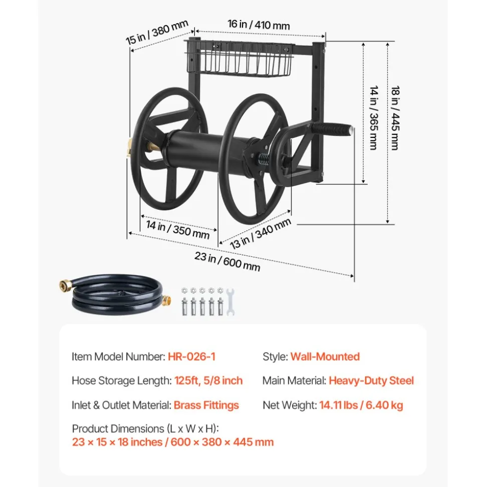 VEVOR Wall Mounted Garden Hose Reel, Holds 125 ft 5/8-inch Hose, Heavy-Duty Water Hose Winder, Space-Saving Design, Outdoor Manual Reel with Brass Fitting and Storage Basket for Yard Lawn
