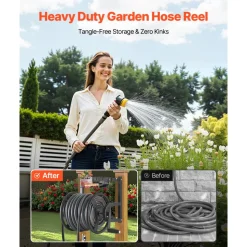 VEVOR Wall Mounted Garden Hose Reel, Holds 125 ft 5/8-inch Hose, Heavy-Duty Water Hose Winder, Space-Saving Design, Outdoor Manual Reel with Brass Fitting and Storage Basket for Yard Lawn