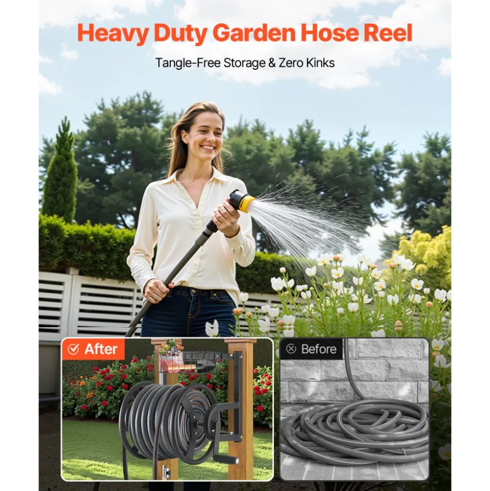 VEVOR Wall Mounted Garden Hose Reel, Holds 125 ft 5/8-inch Hose, Heavy-Duty Water Hose Winder, Space-Saving Design, Outdoor Manual Reel with Brass Fitting and Storage Basket for Yard Lawn