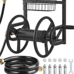 VEVOR Wall Mounted Garden Hose Reel, Holds 125 ft 5/8-inch Hose, Heavy-Duty Water Hose Winder, Space-Saving Design, Outdoor Manual Reel with Brass Fitting and Storage Basket for Yard Lawn