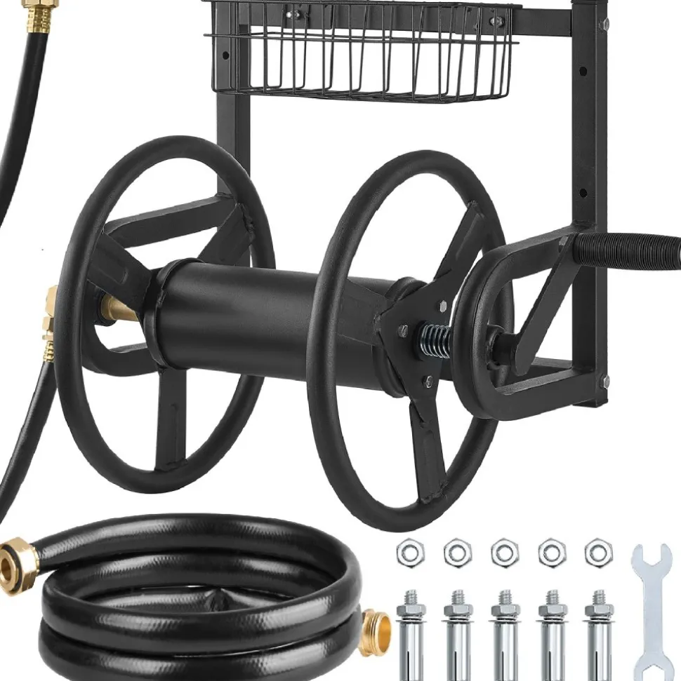 VEVOR Wall Mounted Garden Hose Reel, Holds 125 ft 5/8-inch Hose, Heavy-Duty Water Hose Winder, Space-Saving Design, Outdoor Manual Reel with Brass Fitting and Storage Basket for Yard Lawn
