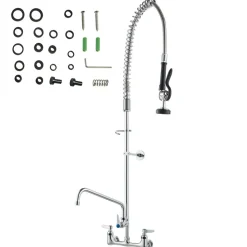VEVOR Wall-Mounted Kitchen Faucet, 25" Tall, 8" Center Distance, 12" Rotatable Spout, Includes Pre-Rinse Spray, Brass Build, Pull-Down Feature, Suitable for Multi-Compartment Sinks