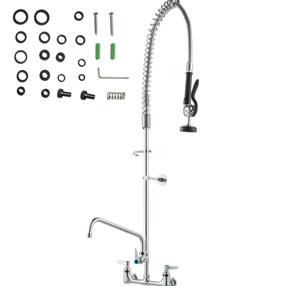 VEVOR Wall-Mounted Kitchen Faucet, 47" Tall, 8" Apart, with 12" Rotating Spout and Pre-Rinse Spray, Brass Build, Pull-Down Feature for Multi-Compartment Sinks