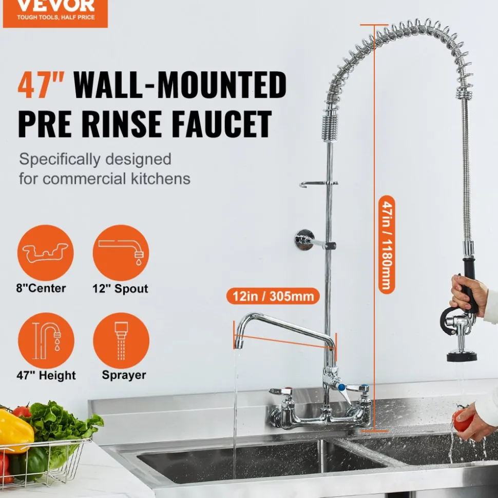 VEVOR Wall-Mounted Kitchen Faucet, 47" Tall, 8" Apart, with 12" Rotating Spout and Pre-Rinse Spray, Brass Build, Pull-Down Feature for Multi-Compartment Sinks