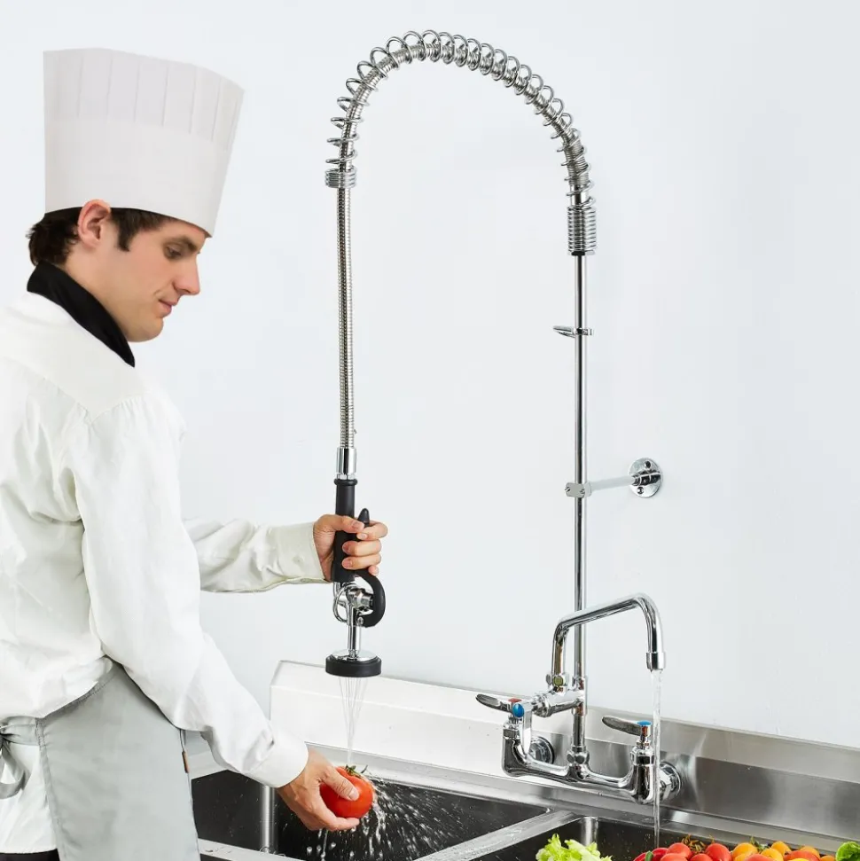 VEVOR Wall-Mounted Kitchen Faucet, 47" Tall, 8" Apart, with 12" Rotating Spout and Pre-Rinse Spray, Brass Build, Pull-Down Feature for Multi-Compartment Sinks