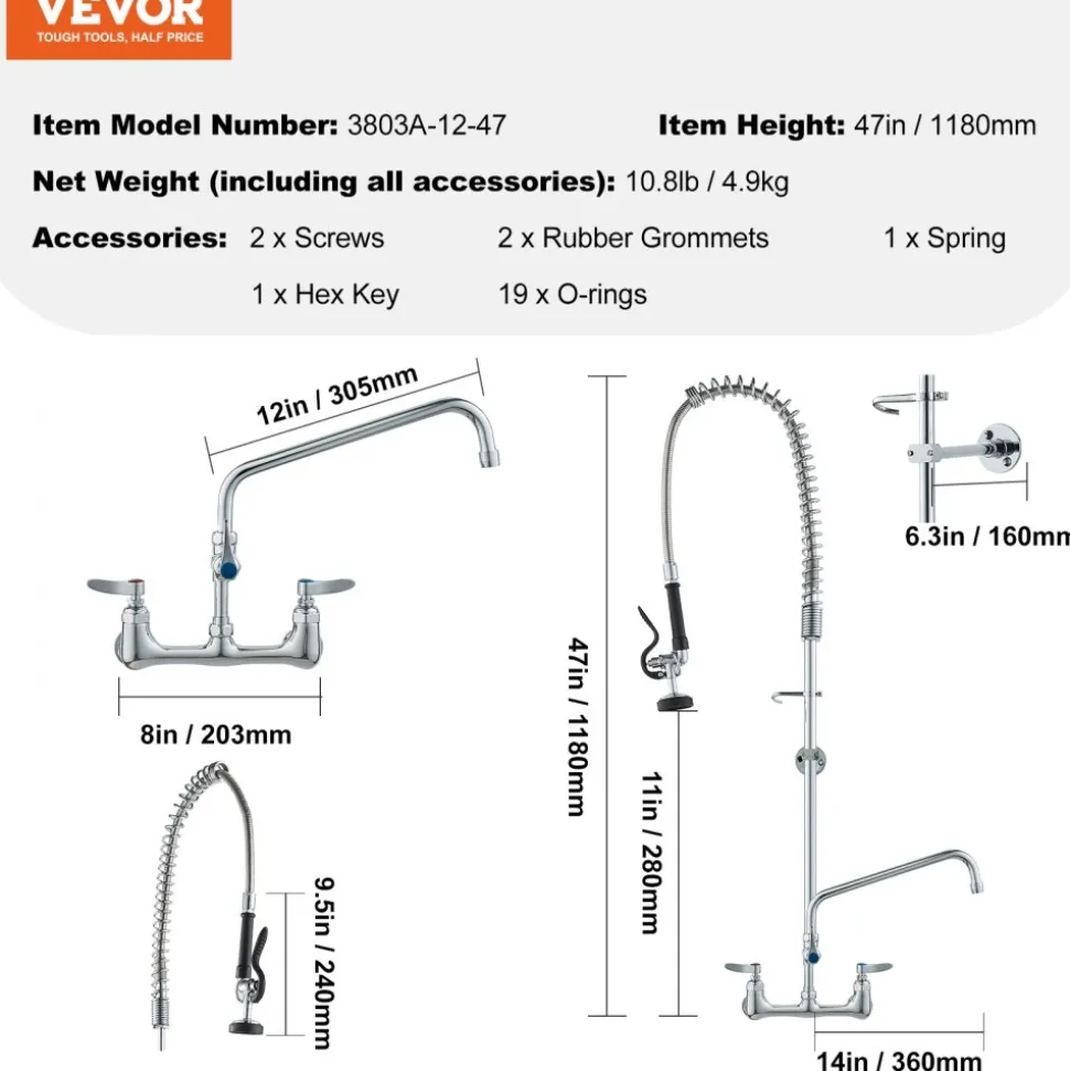 VEVOR Wall-Mounted Kitchen Faucet, 47" Tall, 8" Apart, with 12" Rotating Spout and Pre-Rinse Spray, Brass Build, Pull-Down Feature for Multi-Compartment Sinks