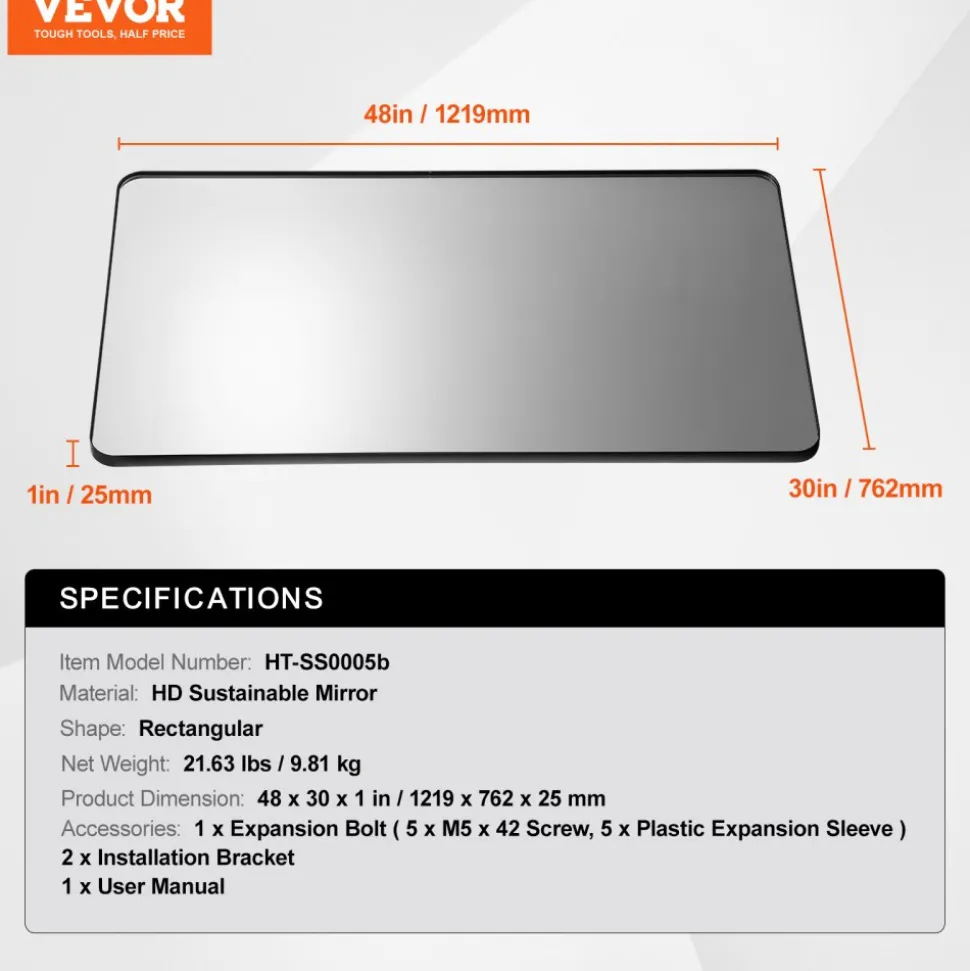 VEVOR Wall Mounted Makeup Mirror, 0.15" Thick, 30 in Mirror with Aluminium Alloy Frame & Explosion-Proof Film, Scratch-Resistant Mirror with Z-Shaped Bracket, Fit for Bathroom/Bedroom/Living Room