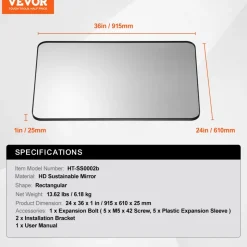 VEVOR Wall Mounted Makeup Mirror, 0.15" Thick, 24" x 36" Mirror with Aluminium Alloy Frame & Explosion-Proof Film, Scratch-Resistant Mirror with Z-Shaped Bracket, Fit for Bathroom/Bedroom/Living Room