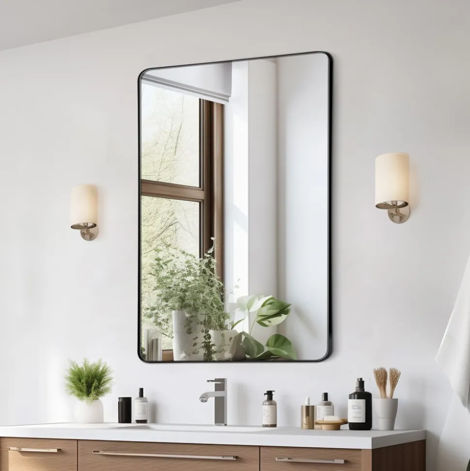 VEVOR Wall Mounted Makeup Mirror, 0.15" Thick, 30" x 40" Mirror with Aluminium Alloy Frame & Explosion-Proof Film, Scratch-Resistant Mirror with Z-Shaped Bracket, Fit for Bathroom/Bedroom/Living Room