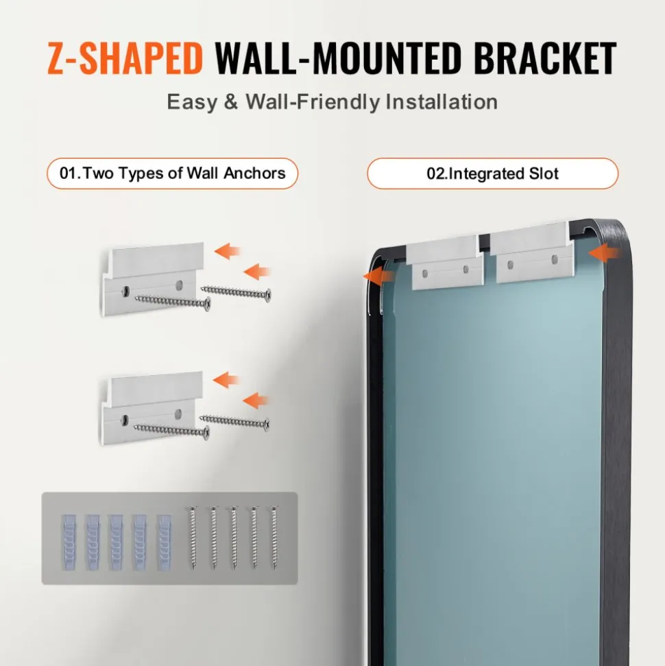 VEVOR Wall Mounted Makeup Mirror, 0.15" Thick, 24" x 36" Mirror with Aluminium Alloy Frame & Explosion-Proof Film, Scratch-Resistant Mirror with Z-Shaped Bracket, Fit for Bathroom/Bedroom/Living Room