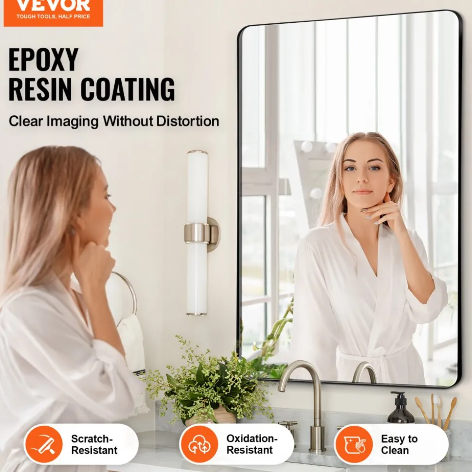 VEVOR Wall Mounted Makeup Mirror, 0.15" Thick, 24" x 36" Mirror with Aluminium Alloy Frame & Explosion-Proof Film, Scratch-Resistant Mirror with Z-Shaped Bracket, Fit for Bathroom/Bedroom/Living Room
