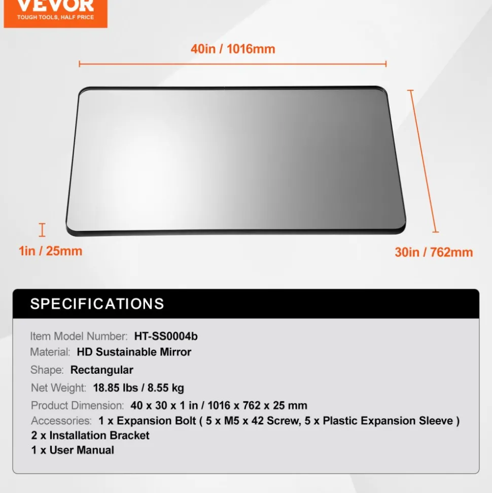 VEVOR Wall Mounted Makeup Mirror, 0.15" Thick, 30" x 40" Mirror with Aluminium Alloy Frame & Explosion-Proof Film, Scratch-Resistant Mirror with Z-Shaped Bracket, Fit for Bathroom/Bedroom/Living Room