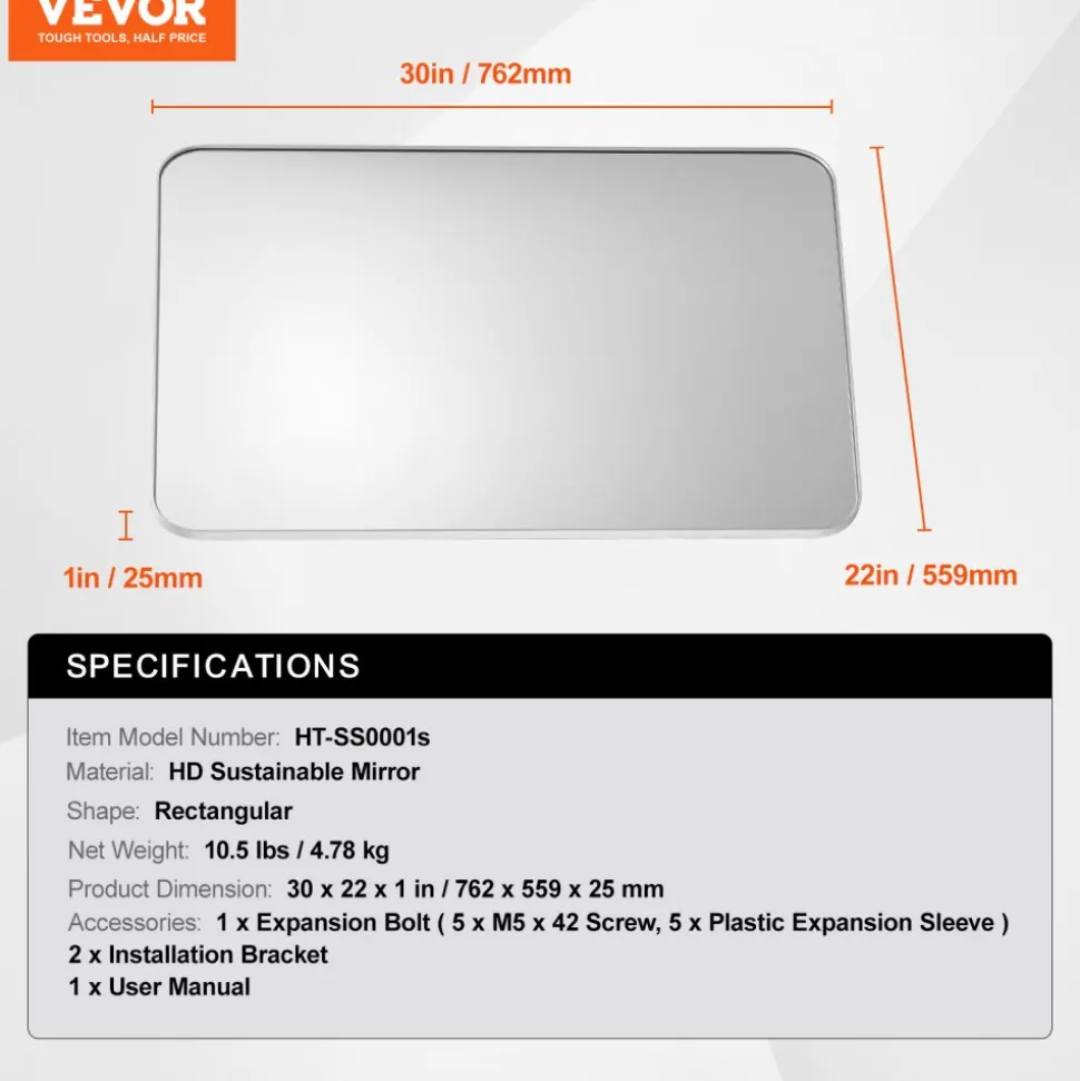 VEVOR Wall Mounted Makeup Mirror, 0.15" Thick, 22" x 30" Mirror with Aluminium Alloy Frame & Explosion-Proof Film, Scratch-Resistant Mirror with Z-Shaped Bracket, Fit for Bathroom/Bedroom/Living Room