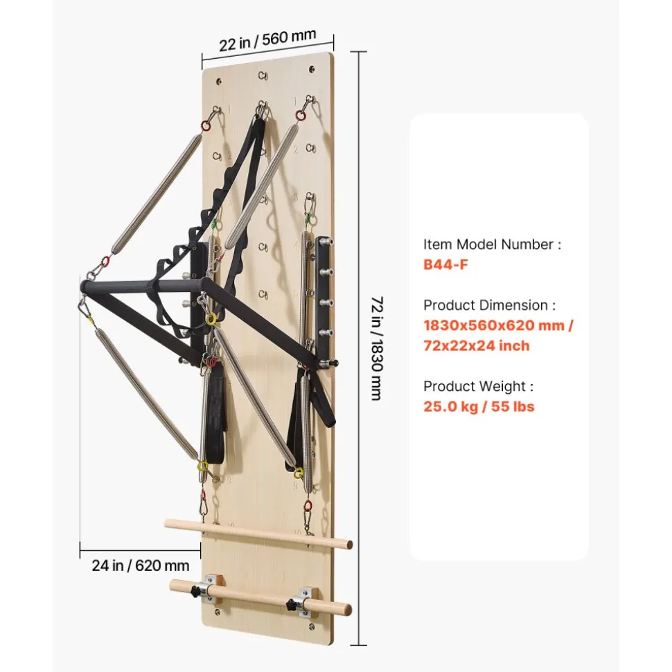 VEVOR Wall Mounted Pilates Reformer Machine, Maple Wood Pilates Springboard, Exercise Equipment with Resistance Springs, Yoga Fitness Trainer, Suitable for Flexibility Balance, Home Gym Studio Workout
