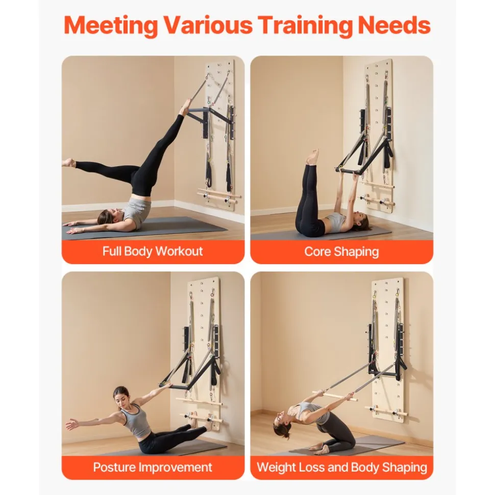 VEVOR Wall Mounted Pilates Reformer Machine, Maple Wood Pilates Springboard, Exercise Equipment with Resistance Springs, Yoga Fitness Trainer, Suitable for Flexibility Balance, Home Gym Studio Workout
