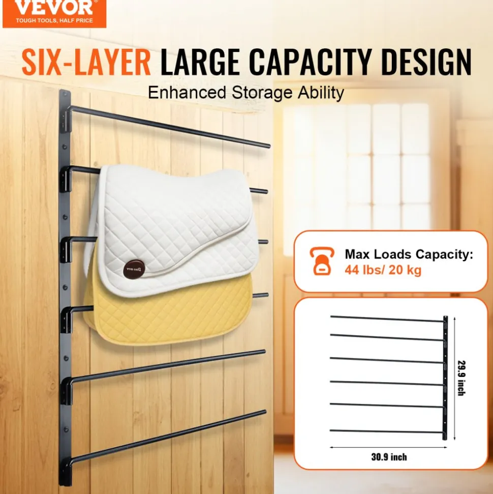 VEVOR Wall Mounted Saddle Rack, 30.9 x 29.9 x 5.5 in, Swing Out Saddle Holder, Six Tiers Horse Saddle Stand, Space Saving Horse Pad and Blanket Rack for Tack Room Organization Trailer Accessories