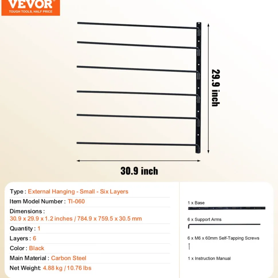VEVOR Wall Mounted Saddle Rack, 30.9 x 29.9 x 5.5 in, Swing Out Saddle Holder, Six Tiers Horse Saddle Stand, Space Saving Horse Pad and Blanket Rack for Tack Room Organization Trailer Accessories