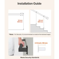 VEVOR Wall Mounted Stair Handrail, 3ft Black Iron Staircase Handrail Indoor, 250lbs Load Capacity, Industrial Railing Hand Rail for Steps, Square Tube for Loft Porch Deck, 2 Sections
