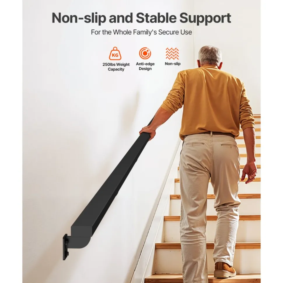 VEVOR Wall Mounted Stair Handrail, 15ft Black Aluminum Staircase Handrail Indoor, 250lbs Load Capacity, Industrial Railing Hand Rail for Steps, Square Tube for Loft Porch Deck, 6 Sections