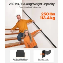 VEVOR Wall Mounted Stair Handrail, 15ft Black Aluminum Staircase Handrail Indoor, 250lbs Load Capacity, Industrial Railing Hand Rail for Steps, Square Tube for Loft Porch Deck, 6 Sections