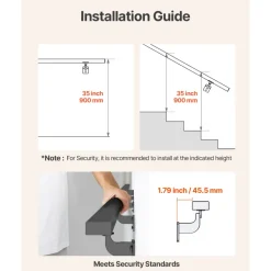 VEVOR Wall Mounted Stair Handrail, 15ft Black Aluminum Staircase Handrail Indoor, 250lbs Load Capacity, Industrial Railing Hand Rail for Steps, Square Tube for Loft Porch Deck, 6 Sections