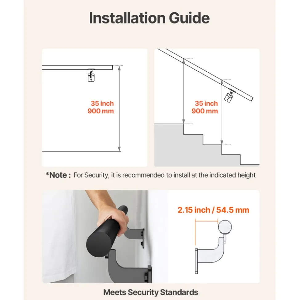 VEVOR Wall Mounted Stair Handrail, 12ft Pipe Staircase Handrail, Black Galvanized Aluminum, 1.26 inch Pipe Diameter, Indoor&Outdoor Staircase Railing,Industrial Hand Rail for Steps,Security Baluster
