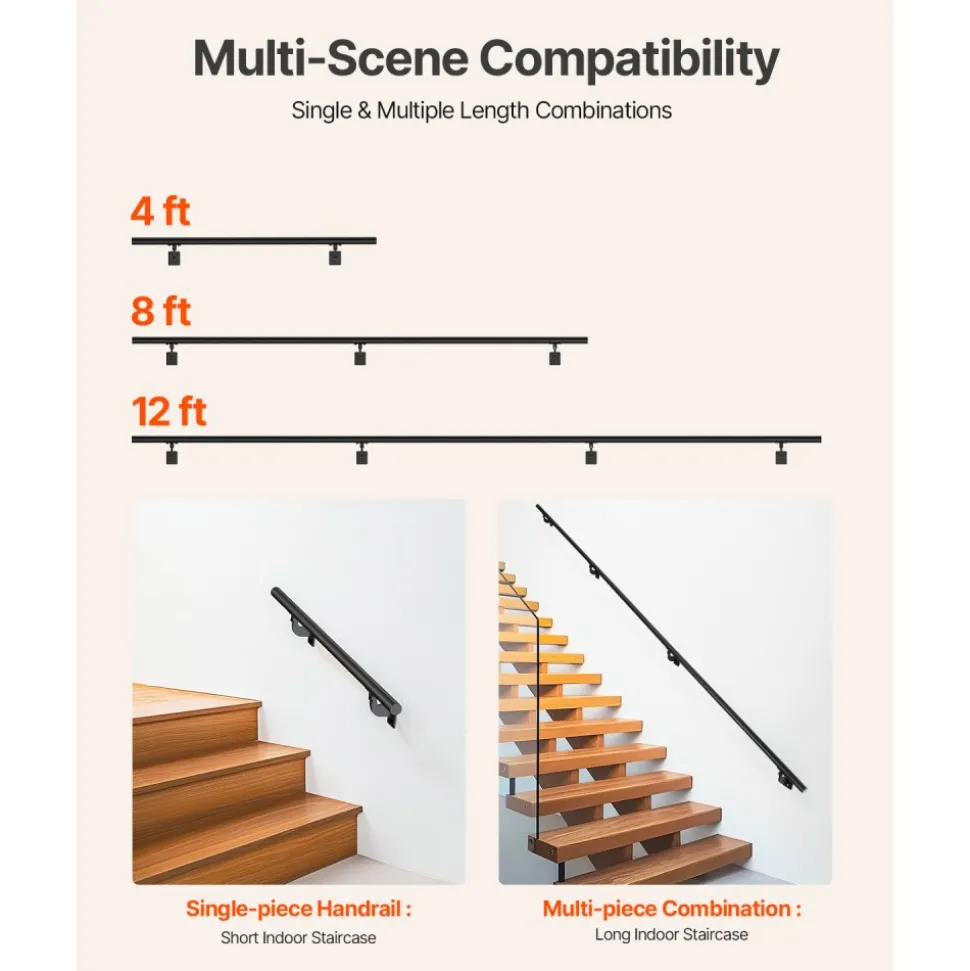 VEVOR Wall Mounted Stair Handrail, 12ft Pipe Staircase Handrail, Black Galvanized Aluminum, 1.26 inch Pipe Diameter, Indoor&Outdoor Staircase Railing,Industrial Hand Rail for Steps,Security Baluster