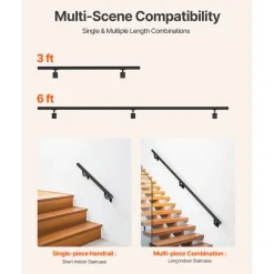VEVOR Wall Mounted Stair Handrail, 6ft Pipe Staircase Handrail, Black Galvanized Aluminum, 1.26 inch Pipe Diameter, Indoor&Outdoor Staircase Railing,Industrial Hand Rail for Steps,Security Baluster
