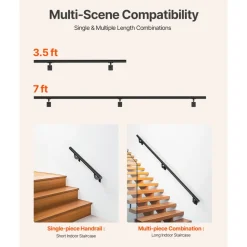 VEVOR Wall Mounted Stair Handrail, 7ft Pipe Staircase Handrail, Black Galvanized Aluminum, 1.26 inch Pipe Diameter, Indoor&Outdoor Staircase Railing,Industrial Hand Rail for Steps,Security Baluster