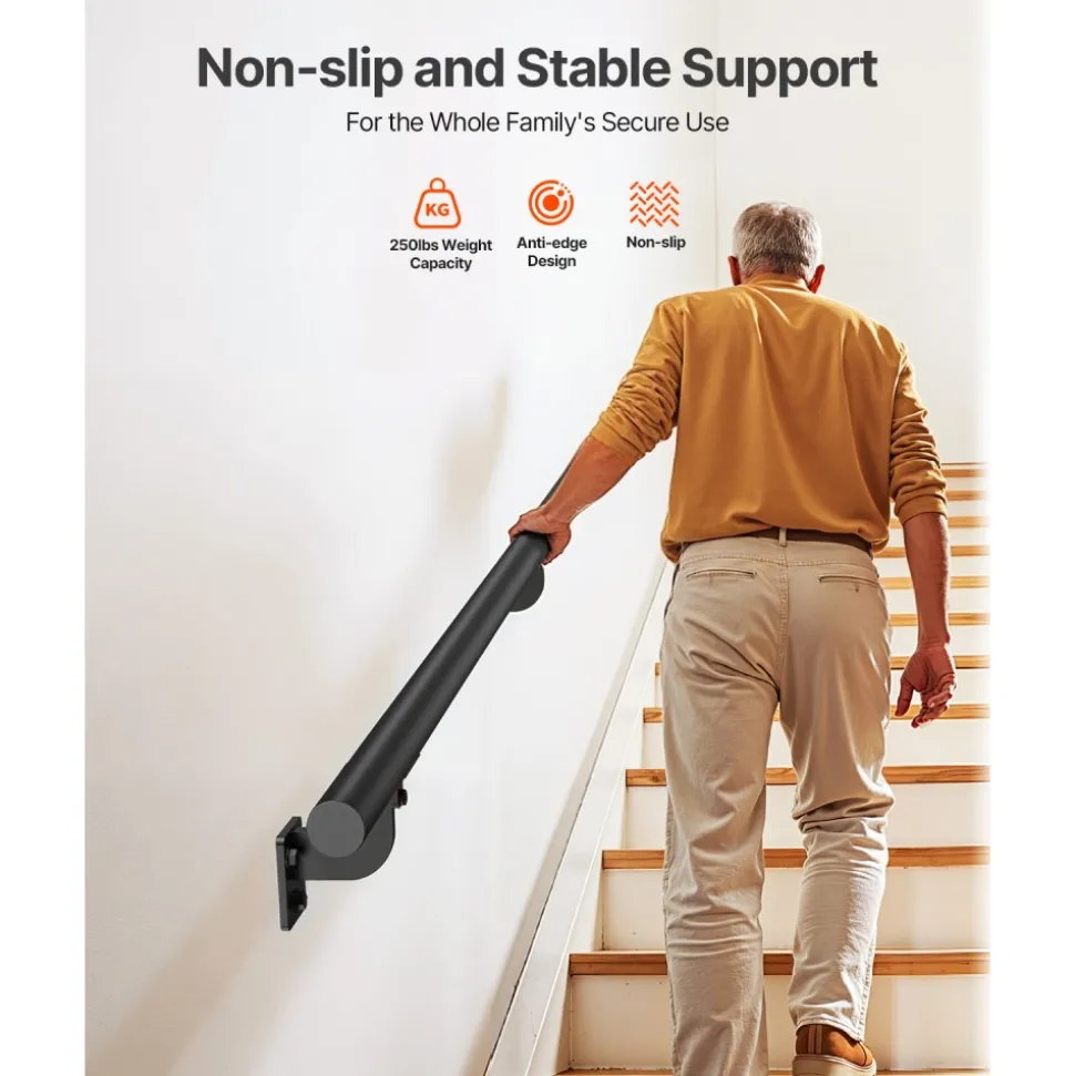 VEVOR Wall Mounted Stair Handrail, 7ft Pipe Staircase Handrail, Black Galvanized Aluminum, 1.26 inch Pipe Diameter, Indoor&Outdoor Staircase Railing,Industrial Hand Rail for Steps,Security Baluster