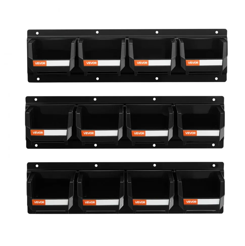 VEVOR Wall Mounted Storage Bins, 12 Plastic Bins & 3 Metal Rails, Plastic Hanging Stackable Storage Bin for Screws, Nuts, Bolts, Nails, Hardware Tool Organizer for Workshop, Craft Room, Garage, Black