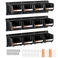 VEVOR Wall Mounted Storage Bins, 12 Plastic Bins & 3 Metal Rails, Plastic Hanging Stackable Storage Bin for Screws, Nuts, Bolts, Nails, Hardware Tool Organizer for Workshop, Craft Room, Garage, Black
