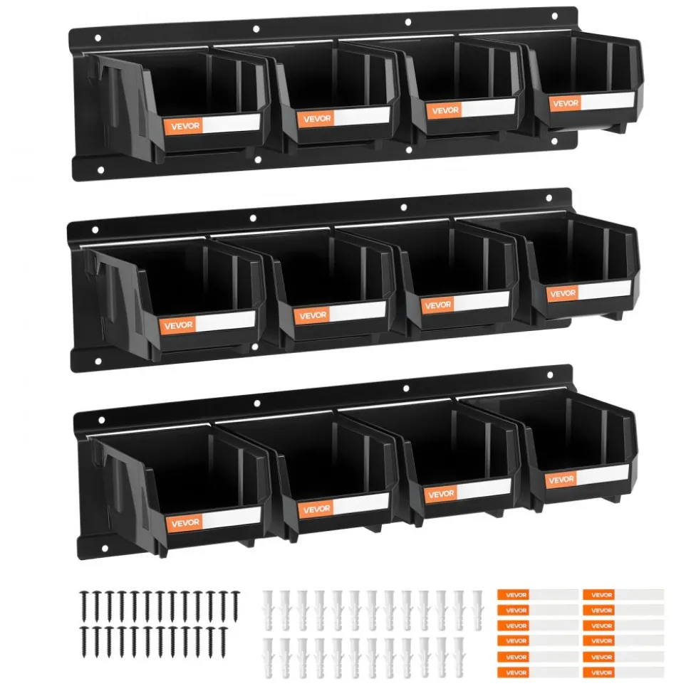 VEVOR Wall Mounted Storage Bins, 12 Plastic Bins & 3 Metal Rails, Plastic Hanging Stackable Storage Bin for Screws, Nuts, Bolts, Nails, Hardware Tool Organizer for Workshop, Craft Room, Garage, Black