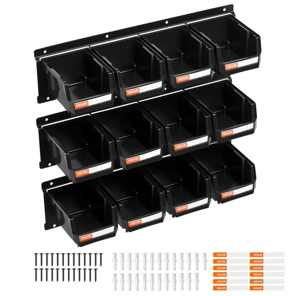 VEVOR Wall Mounted Storage Bins, 12 Plastic Bins & 3 Metal Rails, Plastic Hanging Stackable Storage Bin for Screws, Nuts, Bolts, Nails, Hardware Tool Organizer for Workshop, Craft Room, Garage, Black