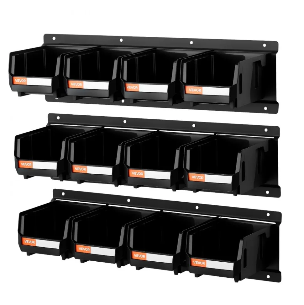 VEVOR Wall Mounted Storage Bins, 12 Plastic Bins & 3 Metal Rails, Plastic Hanging Stackable Storage Bin for Screws, Nuts, Bolts, Nails, Hardware Tool Organizer for Workshop, Craft Room, Garage, Black