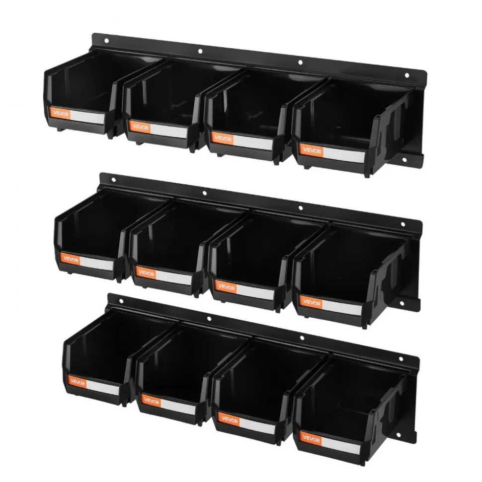 VEVOR Wall Mounted Storage Bins, 12 Plastic Bins & 3 Metal Rails, Plastic Hanging Stackable Storage Bin for Screws, Nuts, Bolts, Nails, Hardware Tool Organizer for Workshop, Craft Room, Garage, Black