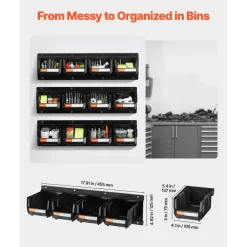 VEVOR Wall Mounted Storage Bins, 12 Plastic Bins & 3 Metal Rails, Plastic Hanging Stackable Storage Bin for Screws, Nuts, Bolts, Nails, Hardware Tool Organizer for Workshop, Craft Room, Garage, Black